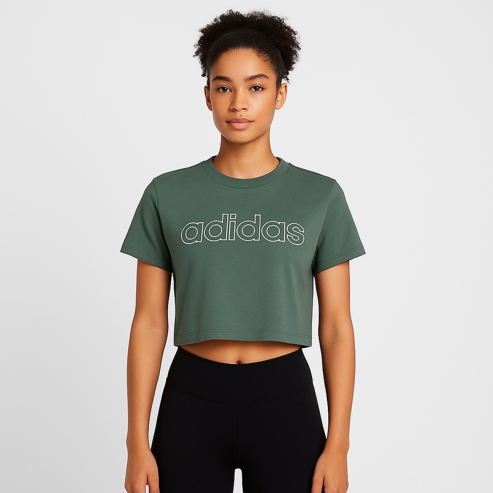 NWT adidas Women’s LIN SJ Logo Crop Tee – Green Oxide/White – Size XS